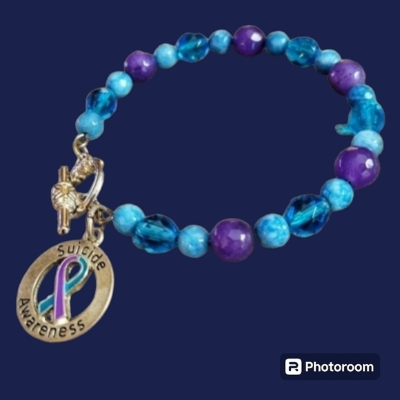HANDMADE Suicide Awareness Agate Czech Glass Beaded Toggle Bracelet - Picture 1 of 4